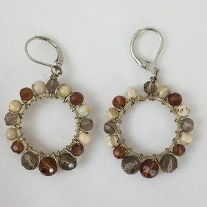 Brown Tan Beaded Circular Dangling Earrings Round